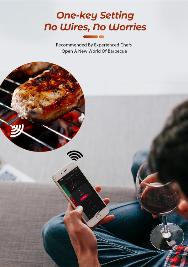 Gaminimo ir kepimo termometras - WIFI su kepimo APP - Kartotuvas užtikrina ilgą atstumą tarp mobiliojo telefono - Orkaitės, grilio ar keptuvės.