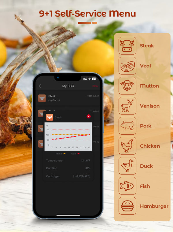 Gaminimo ir kepimo termometras - WIFI su kepimo APP - Kartotuvas užtikrina ilgą atstumą tarp mobiliojo telefono - Orkaitės, grilio ar keptuvės.