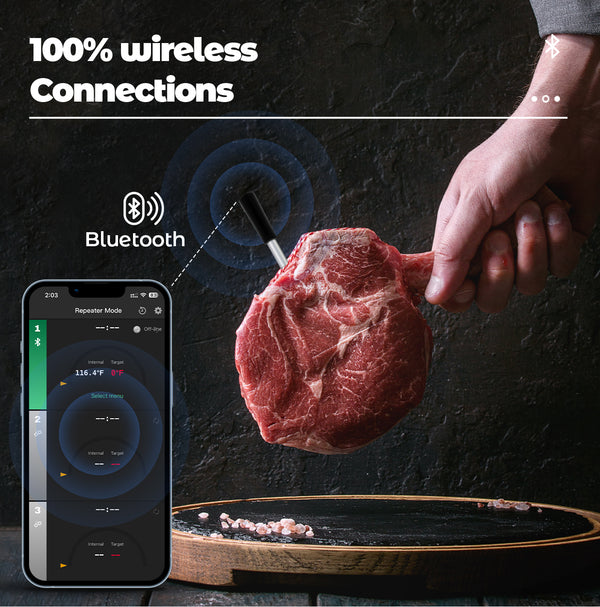 Gaminimo ir kepimo termometras - WIFI su kepimo APP - Kartotuvas užtikrina ilgą atstumą tarp mobiliojo telefono - Orkaitės, grilio ar keptuvės.