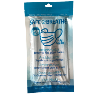 „Safe2Breathe“ – Kandinės – Veido kaukės – 3 sluoksnių IIR tipo – Pažymėtas CE ženklu – Pakuotėje 10 vnt.