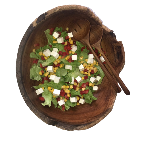 Salotų rinkinys iš tikmedžio – susideda iš maždaug dubenėlio. 30 cm skersmens ir 10 cm aukščio bei salotų stalo įrankiai
