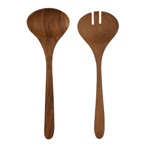 Salad set in Teak wood - consisting of bowl approx. 30 cm in diameter and 10 cm high as well as salad cutlery